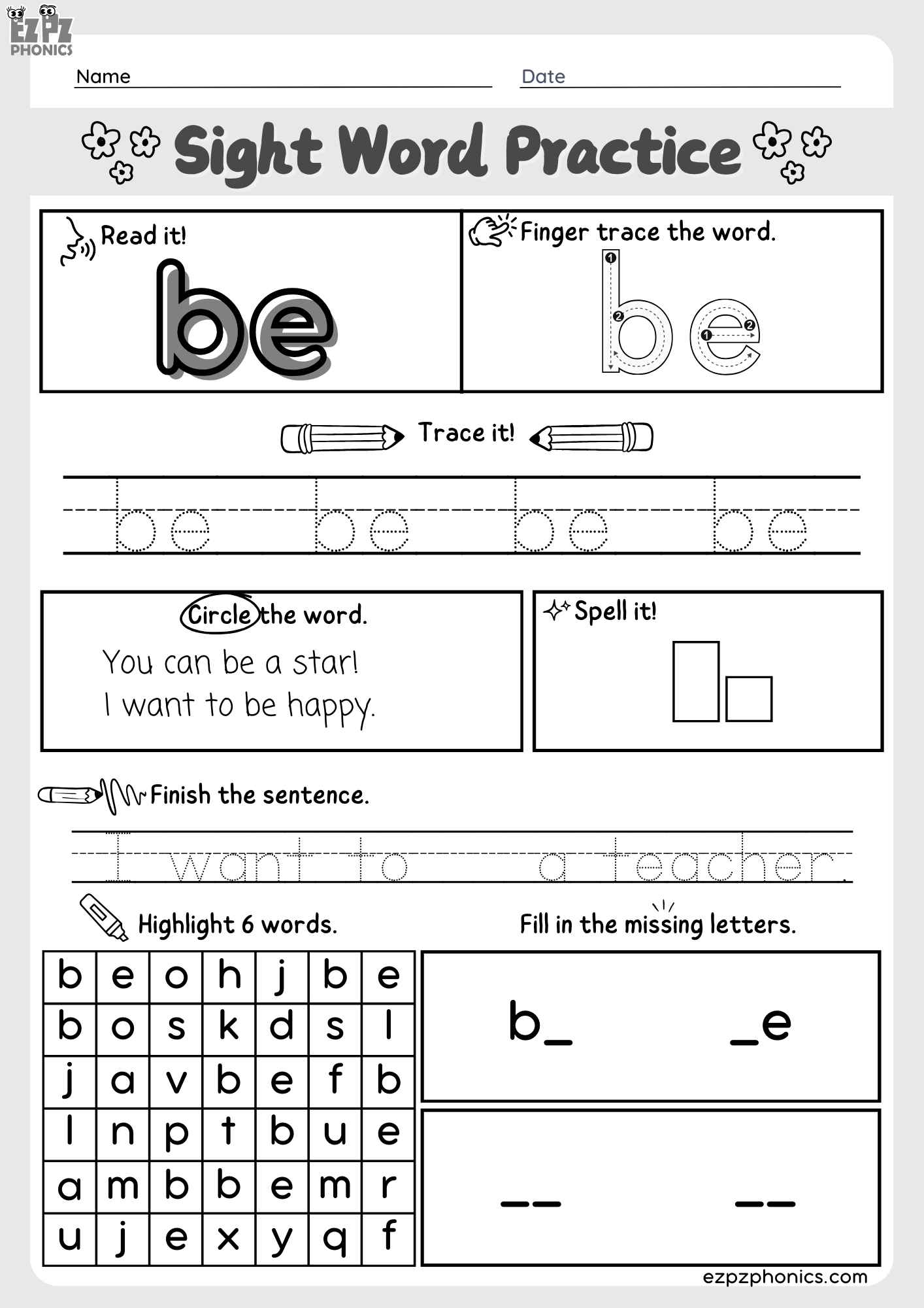 Dolch Kindergarten Sight Word “Be” – Downloadable PDF Worksheet